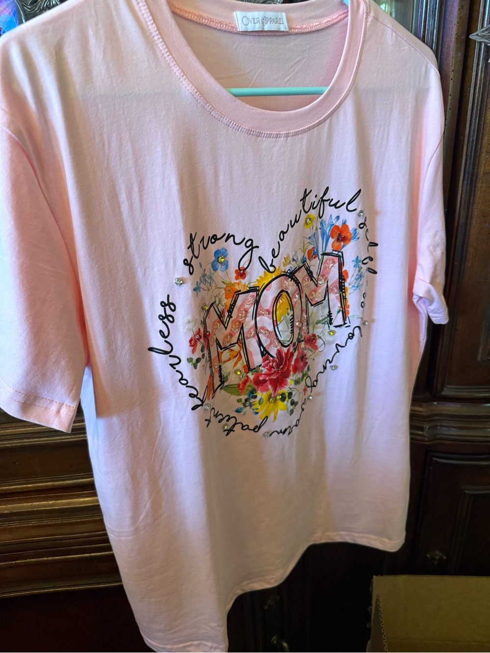 Super cute bling Pink "MOM" Floral Graphic Tee for adults